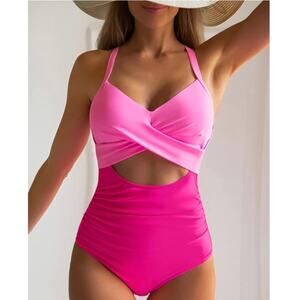 Eomenie Women Pink Cutout One Piece Swimsuit Tummy Control M NWT
